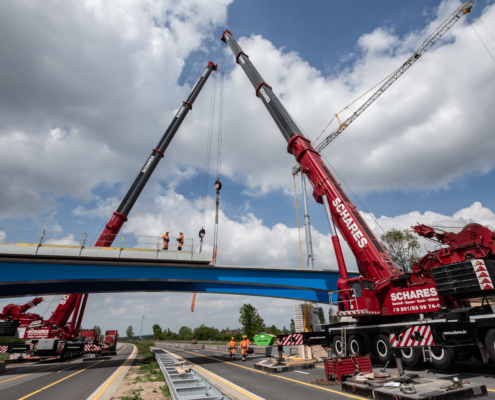 Autokrane Schares Brückenbau Einsatz zwei LTM 1500 Emmerich Krane Liebherr 500 to