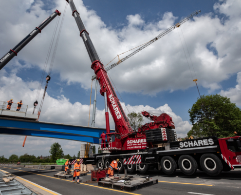 Autokrane Schares Brückenbau Einsatz zwei LTM 1500 Emmerich Krane Liebherr 500 to