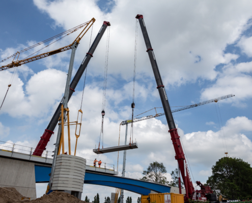 Autokrane Schares Brückenbau Einsatz zwei LTM 1500 Emmerich Krane Liebherr 500 to