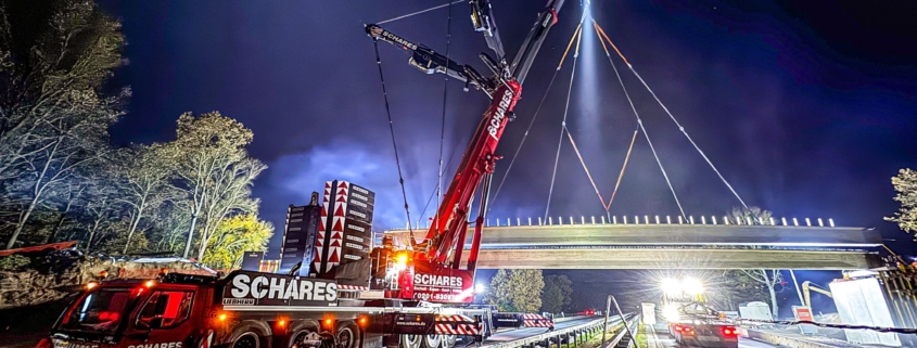 Autokrane Schares, Kraneinsatz A3 Emmerich, Schnellbaubrücke A3, 100-Tonnen-Fertigteilträger, Liebherr LTM 1650-8.1, Schwerlastkran Einsatz, HEITKAMP Unternehmensgruppe, Brückenbau Kranarbeiten, Sperrpause Autobahn, Mobilkran 650 Tonnen